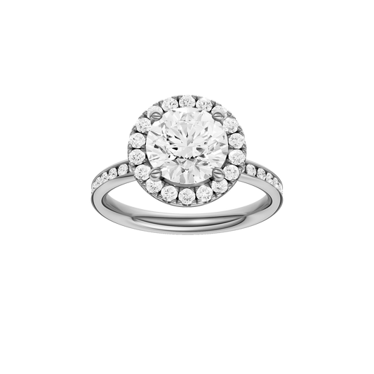 A front view of the Round cut diamond engagement ring in 14k white gold with a diamond channel band and halo setting