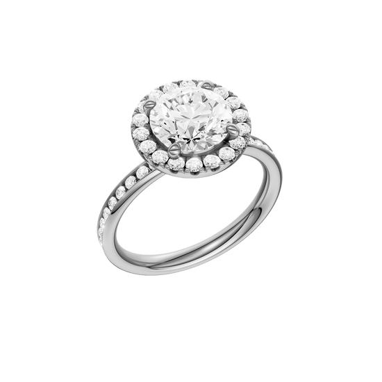 A three-quarter view of the Round cut diamond engagement ring in platinum with a diamond channel band and halo setting