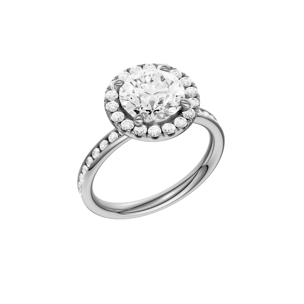 A three-quarter view of the Round cut diamond engagement ring in platinum with a diamond channel band and halo setting