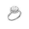 A three-quarter view of the Round cut diamond engagement ring in 14k white gold with a diamond channel band and halo setting