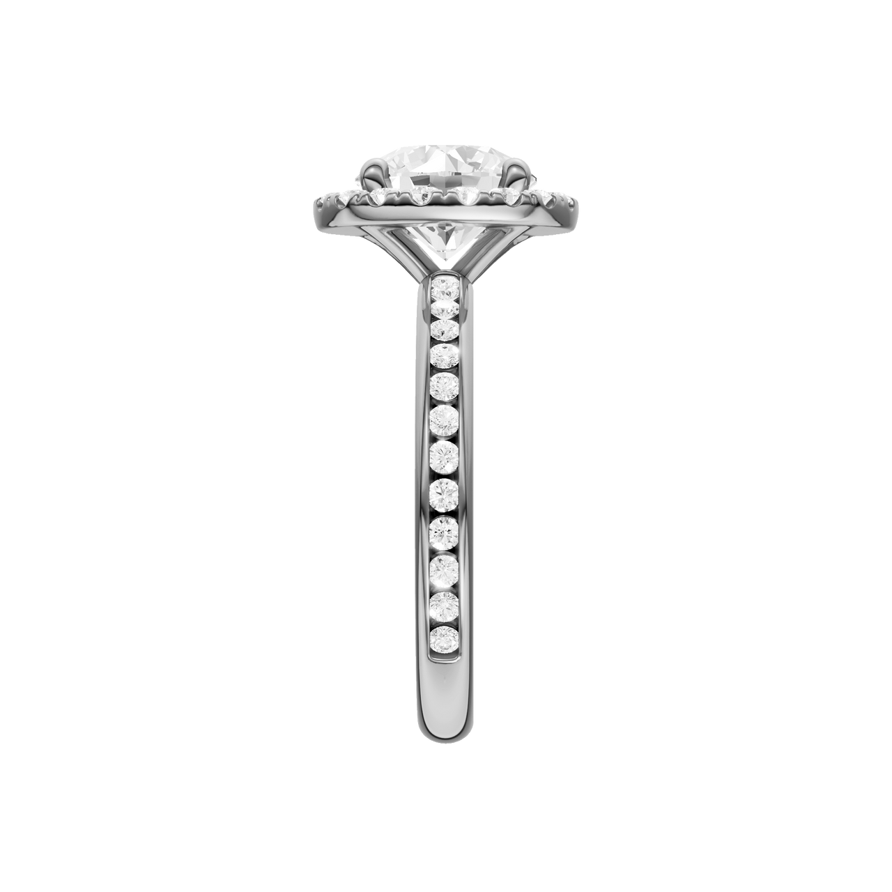 A side view of the Round cut diamond engagement ring in 14k white gold with a diamond channel band and halo setting