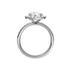A profile view of the Round cut diamond engagement ring in platinum with a diamond channel band and halo setting