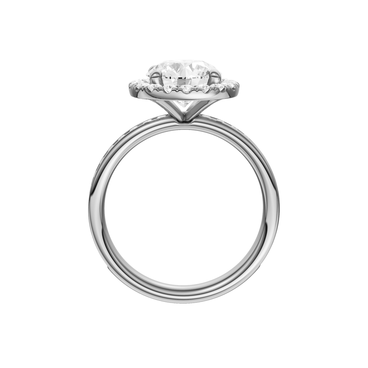 A profile view of the Round cut diamond engagement ring in platinum with a diamond channel band and halo setting