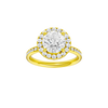 A front view of the Round cut diamond engagement ring in 14k yellow gold with a diamond channel band and halo setting