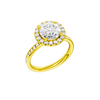 A three-quarter view of the Round cut diamond engagement ring in 14k yellow gold with a diamond channel band and halo setting