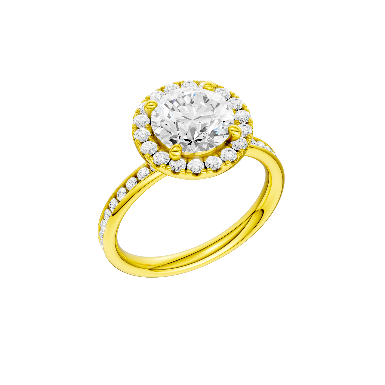 A three-quarter view of the Round cut diamond engagement ring in 14k yellow gold with a diamond channel band and halo setting