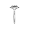 A side view of the Elongated Cushion cut diamond engagement ring in 14k white gold with a channel band and double halo setting