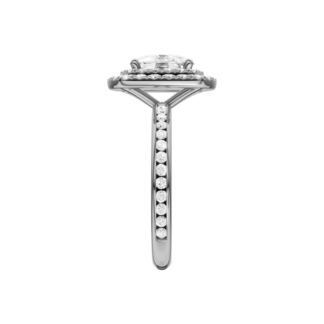 A side view of the Elongated Cushion cut diamond engagement ring in platinum with a channel band and double halo setting