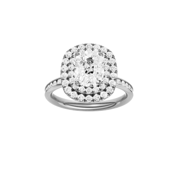 A front view of the Elongated Cushion cut diamond engagement ring in 14k white gold with a channel band and double halo setting