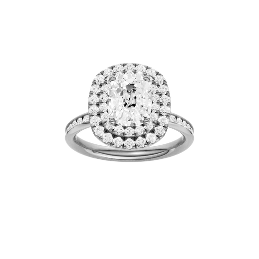 A front view of the Elongated Cushion cut diamond engagement ring in 14k white gold with a channel band and double halo setting
