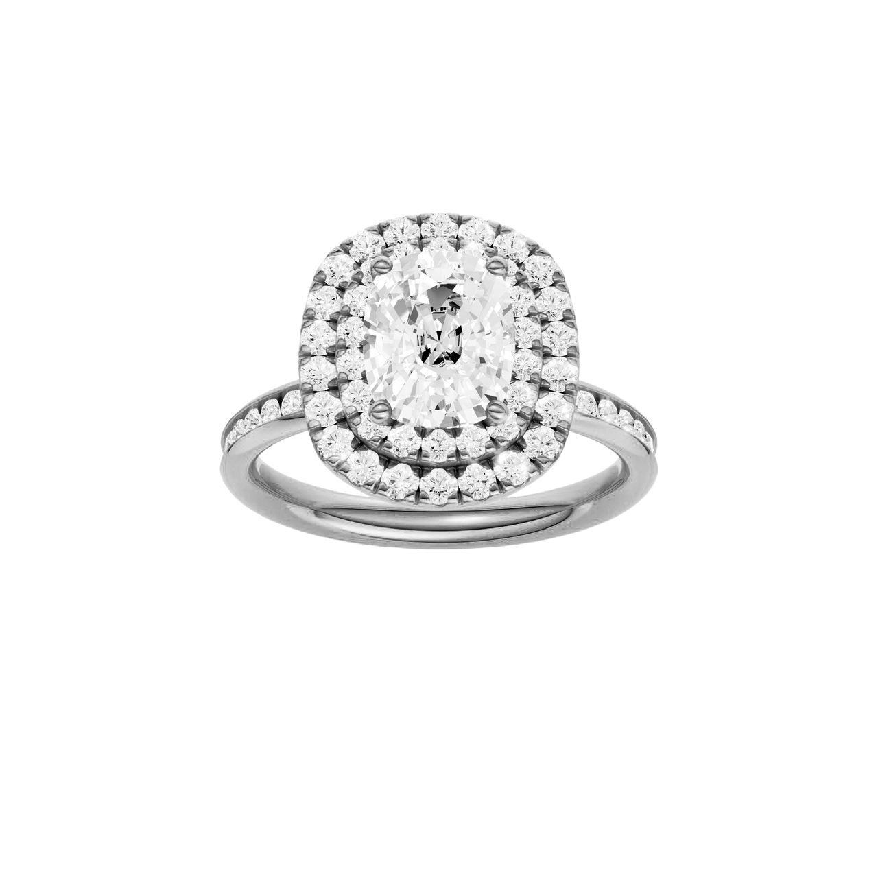 A front view of the Elongated Cushion cut diamond engagement ring in platinum with a channel band and double halo setting