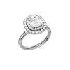 A three-quarter view of the Elongated Cushion cut diamond engagement ring in platinum with a channel band and double halo setting