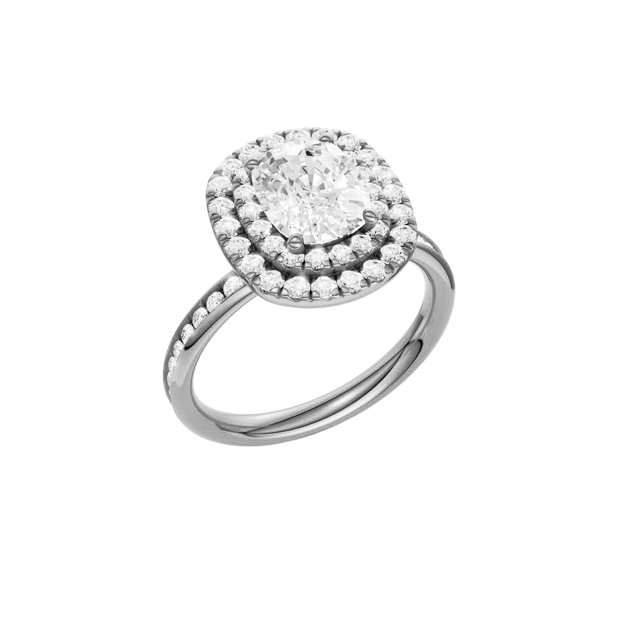 A three-quarter view of the Elongated Cushion cut diamond engagement ring in 14k white gold with a channel band and double halo setting