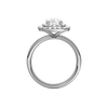 A profile view of the Elongated Cushion cut diamond engagement ring in platinum with a channel band and double halo setting