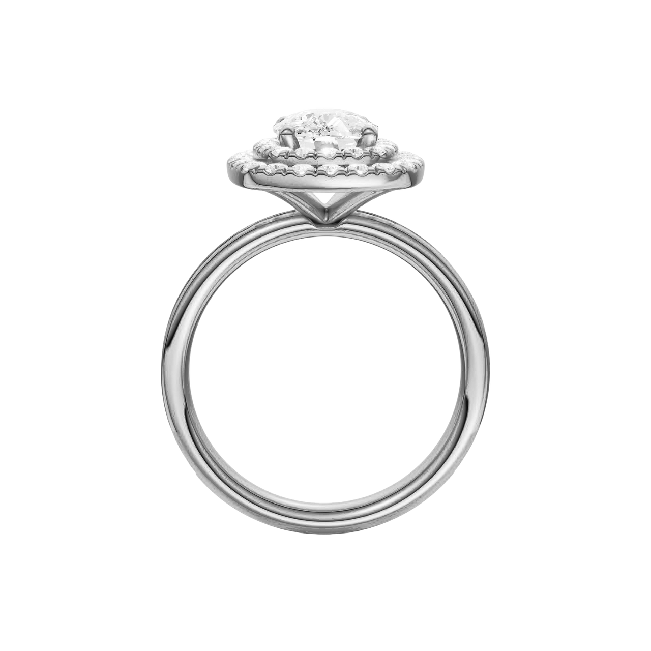 A profile view of the Elongated Cushion cut diamond engagement ring in platinum with a channel band and double halo setting