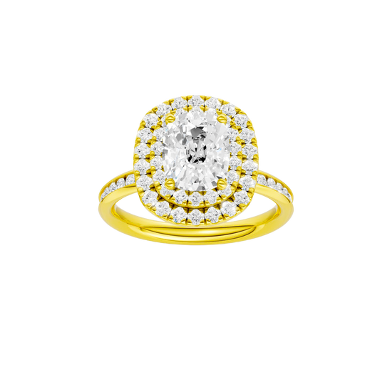 A front view of the Elongated Cushion cut diamond engagement ring in 14k yellow gold with a channel band and double halo setting