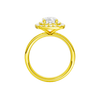 A profile view of the Elongated Cushion cut diamond engagement ring in 14k yellow gold with a channel band and double halo setting