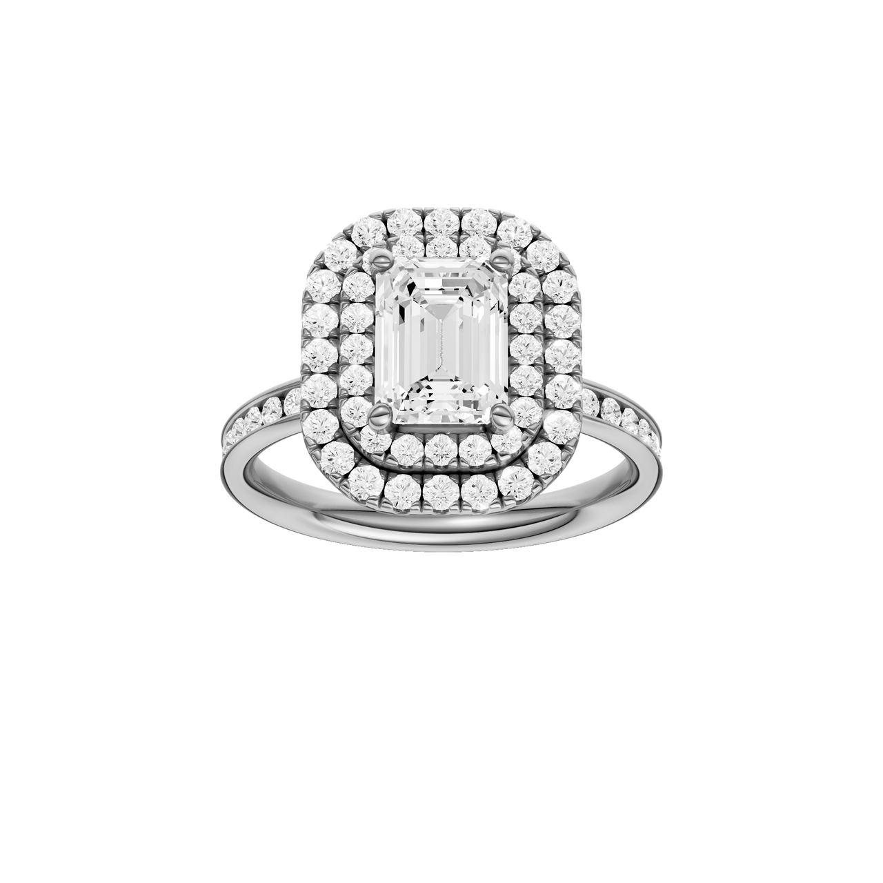 A front view of the Emerald cut diamond engagement ring in 14k white gold  with a channel band and double halo setting