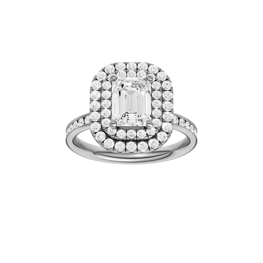 A front view of the Emerald cut diamond engagement ring in 14k white gold  with a channel band and double halo setting