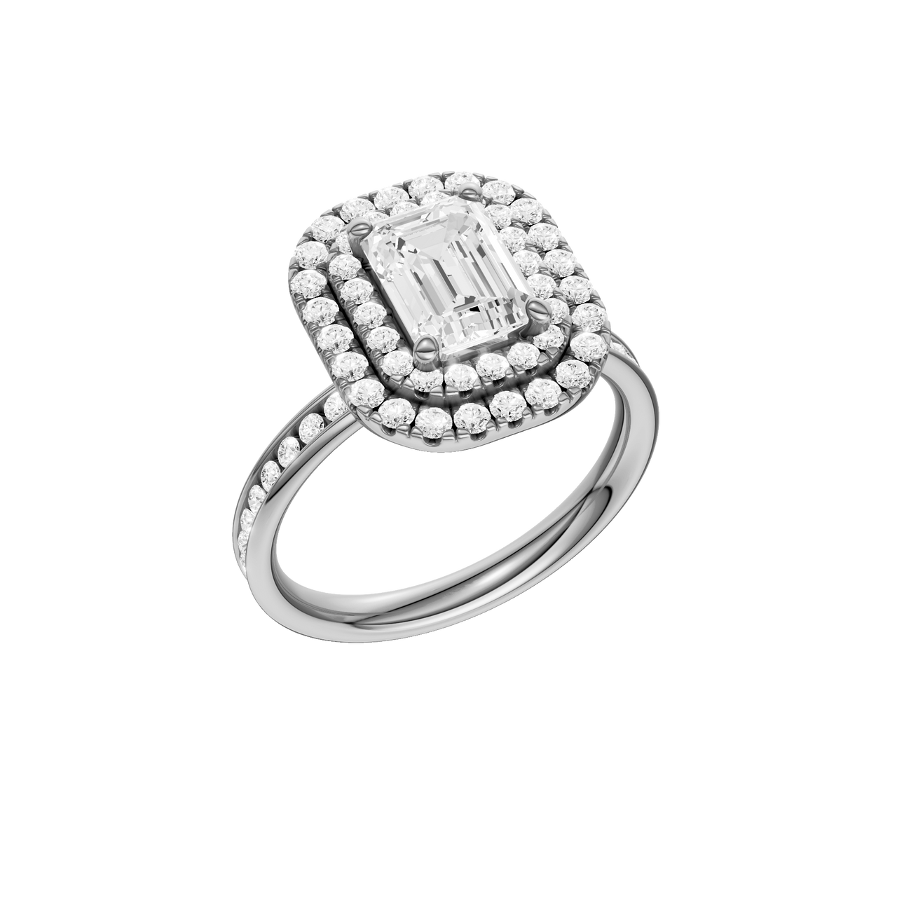 A three-quarter view of the Emerald cut diamond engagement ring in 14k white gold  with a channel band and double halo setting