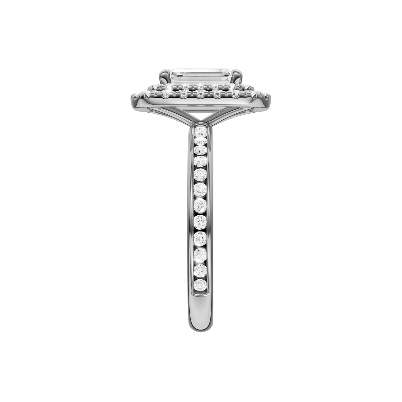 A side view of the Emerald cut diamond engagement ring in 14k white gold  with a channel band and double halo setting