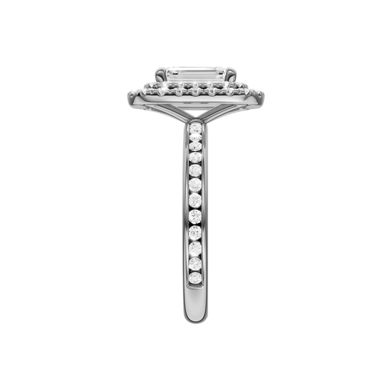 A side view of the Emerald cut diamond engagement ring in platinum  with a channel band and double halo setting