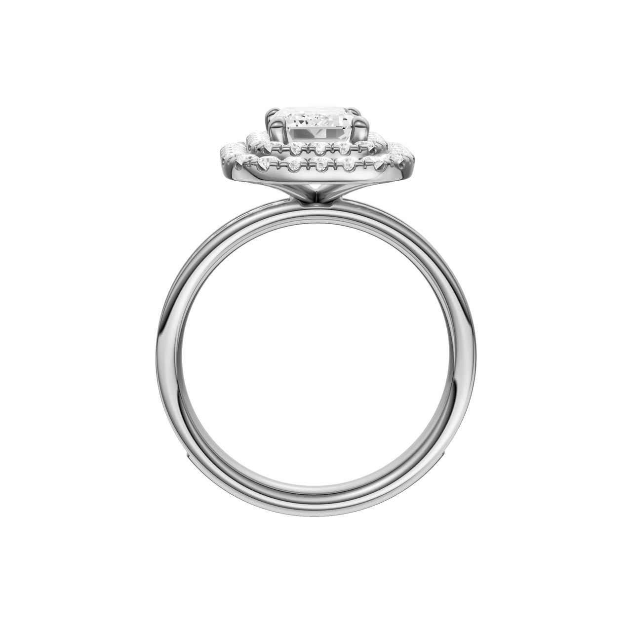 A profile view of the Emerald cut diamond engagement ring in platinum  with a channel band and double halo setting