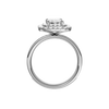 A profile view of the Emerald cut diamond engagement ring in 14k white gold  with a channel band and double halo setting