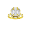 A front view of the Emerald cut diamond engagement ring in 14k yellow gold  with a channel band and double halo setting