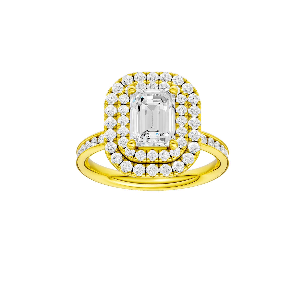 A front view of the Emerald cut diamond engagement ring in 14k yellow gold  with a channel band and double halo setting