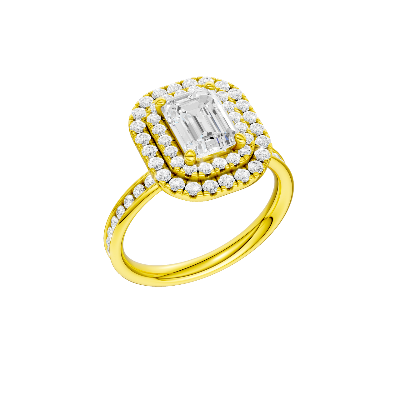 A three-quarter view of the Emerald cut diamond engagement ring in 14k yellow gold  with a channel band and double halo setting