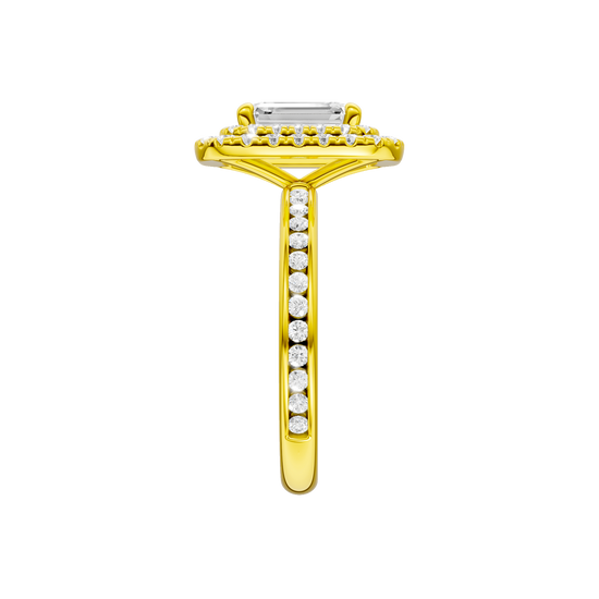 A side view of the Emerald cut diamond engagement ring in 14k yellow gold  with a channel band and double halo setting