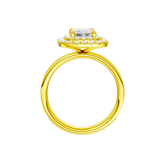 A profile view of the Emerald cut diamond engagement ring in 14k yellow gold  with a channel band and double halo setting