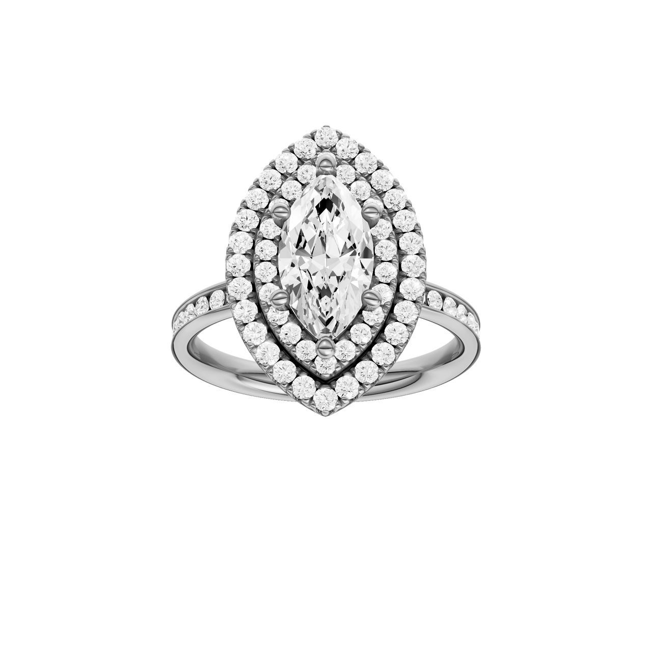 A front view of the Marquise cut diamond engagement ring in platinum with a channel band and cathedral setting