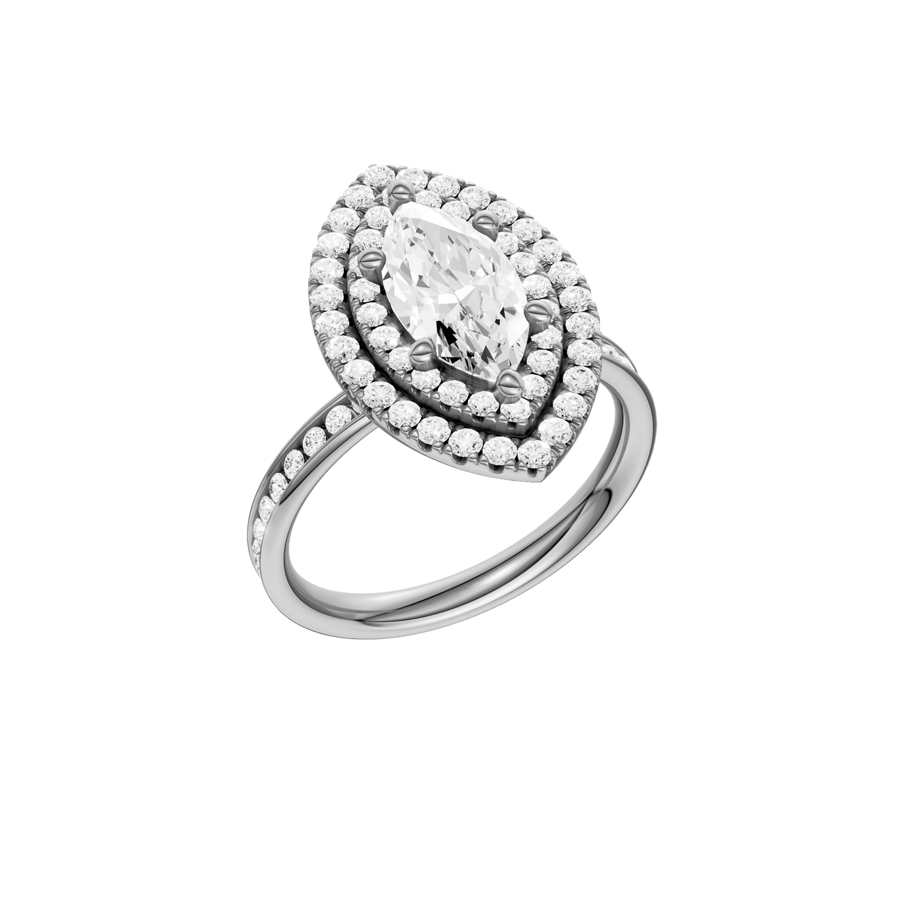 A three-quarter view of the Marquise cut diamond engagement ring in 14k white gold with a channel band and cathedral setting