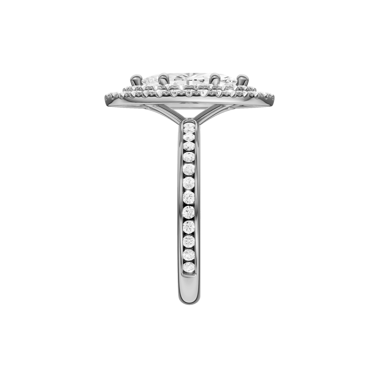 A side view of the Marquise cut diamond engagement ring in platinum with a channel band and cathedral setting