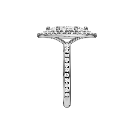 A side view of the Marquise cut diamond engagement ring in 14k white gold with a channel band and cathedral setting