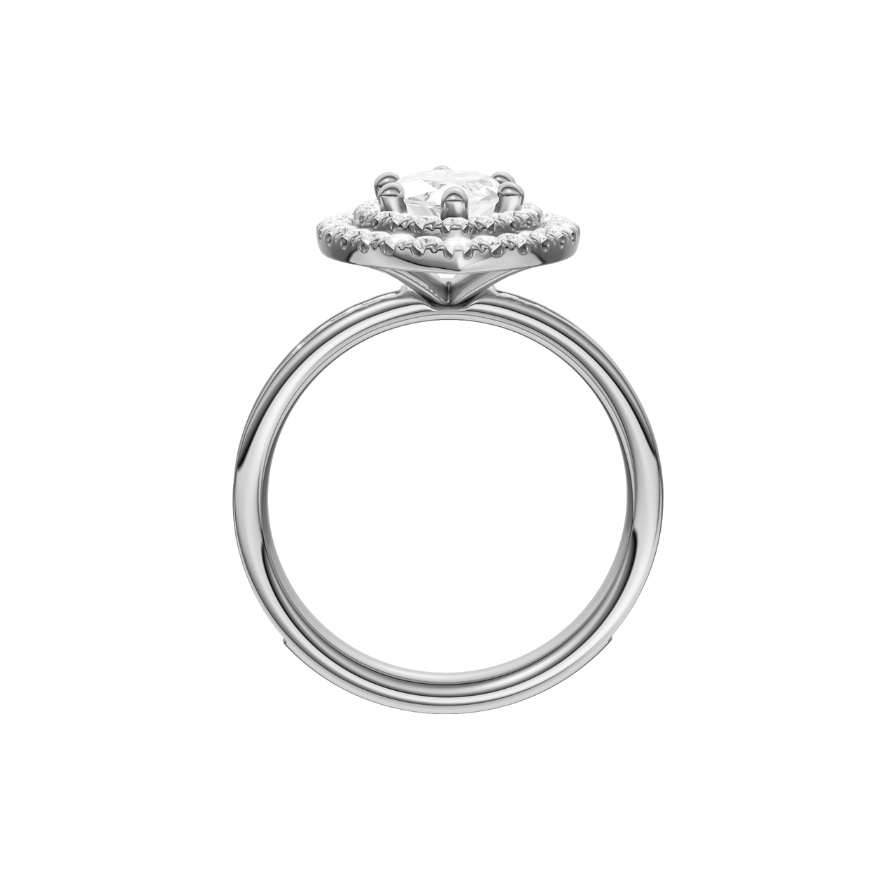 A profile view of the Marquise cut diamond engagement ring in 14k white gold with a channel band and cathedral setting