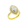 A three-quarter view of the Marquise cut diamond engagement ring in 14k yellow gold with a channel band and cathedral setting