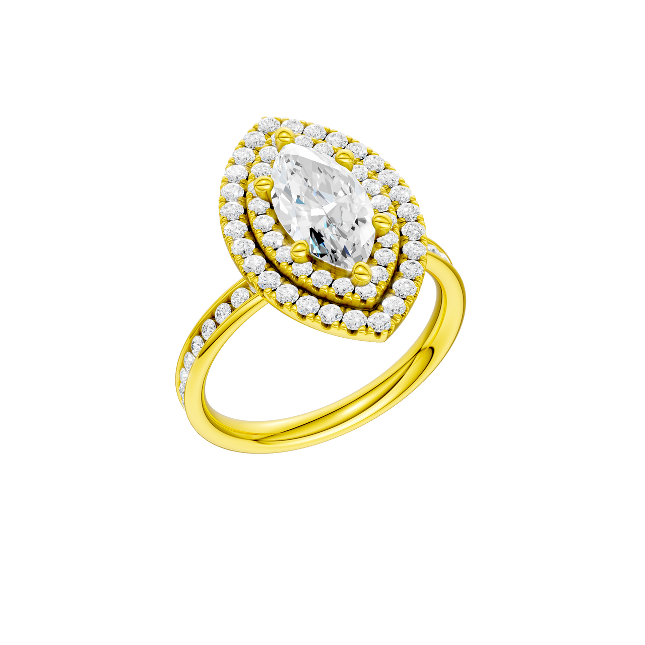 A three-quarter view of the Marquise cut diamond engagement ring in 14k yellow gold with a channel band and cathedral setting