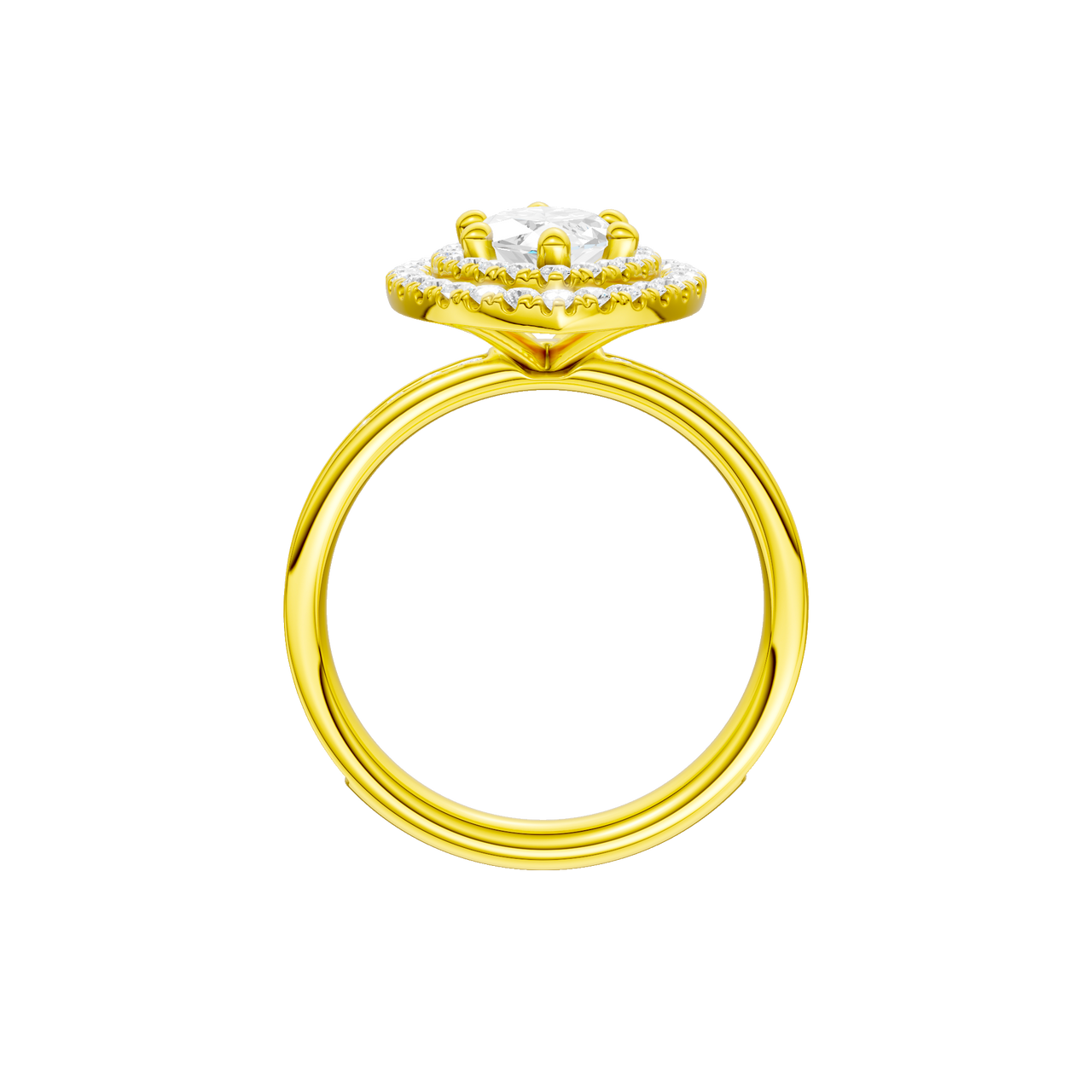 A profile view of the Marquise cut diamond engagement ring in 14k yellow gold with a channel band and cathedral setting