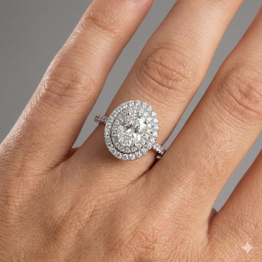 Oval cut diamond engagement ring in 14k white gold with a diamond channel band and cathedral setting on a hand