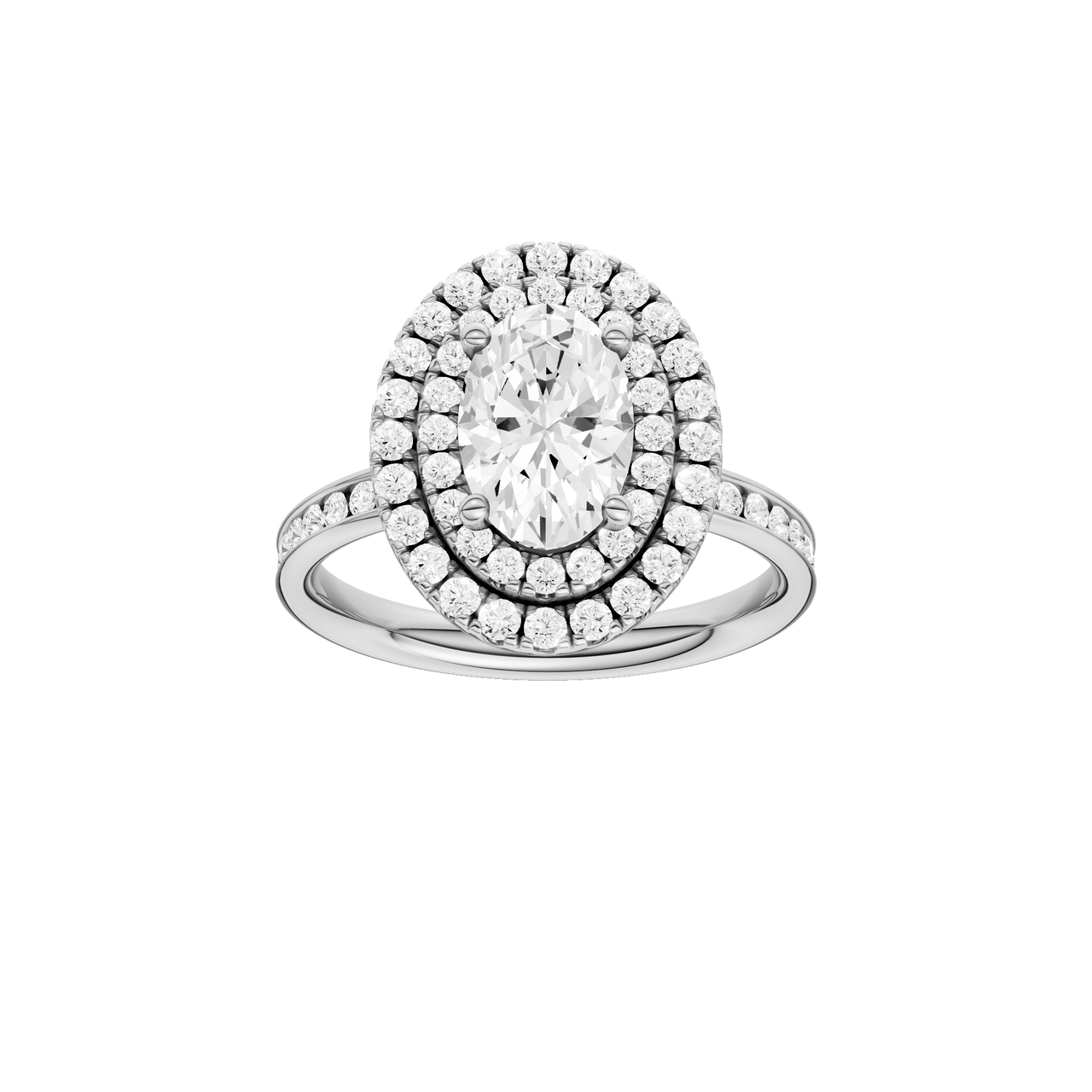 A front view of the Oval cut diamond engagement ring in 14k white gold with a diamond channel band and cathedral setting