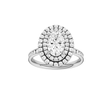 A front view of the Oval cut diamond engagement ring in 14k white gold with a diamond channel band and cathedral setting