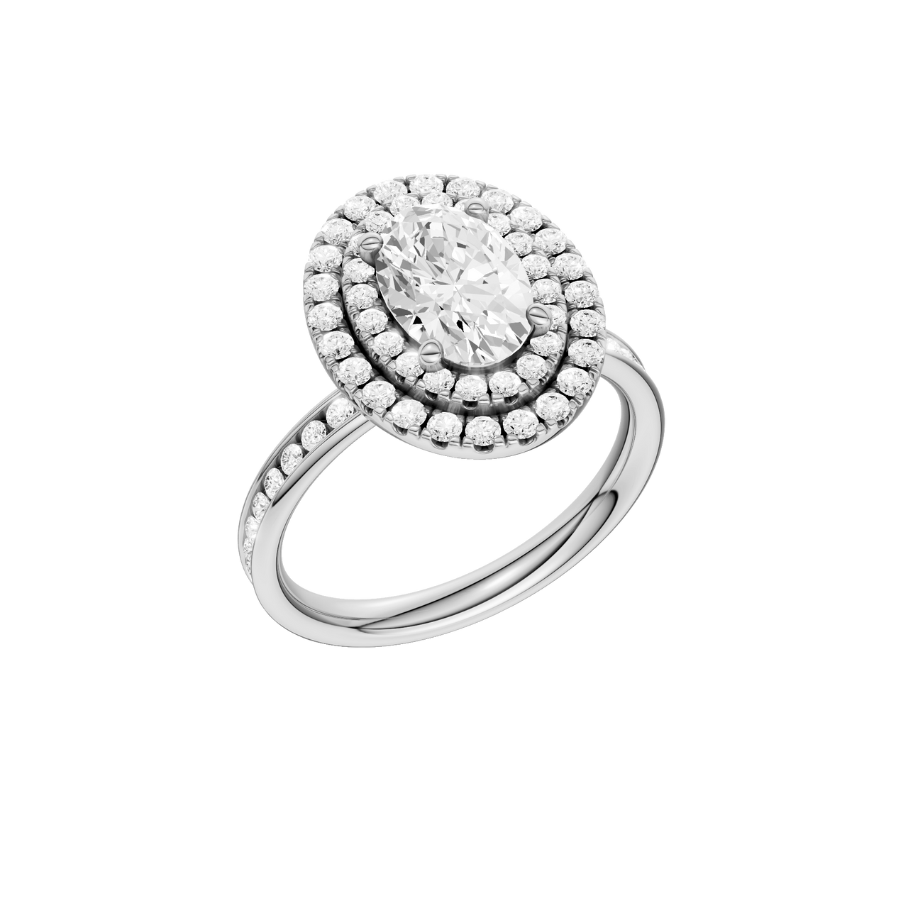 A three-quarter view of the Oval cut diamond engagement ring in 14k white gold with a diamond channel band and cathedral setting