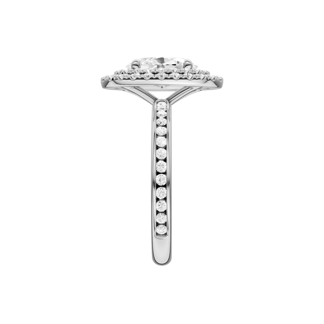 A front view of the Oval cut diamond engagement ring in 14k white gold with a diamond channel band and cathedral setting