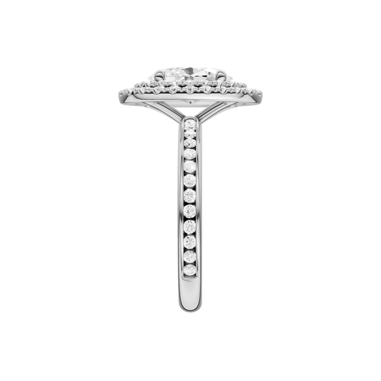 A side view of the Oval cut diamond engagement ring in platinum with a diamond channel band and cathedral setting