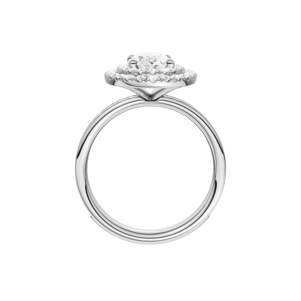 A profile view of the Oval cut diamond engagement ring in platinum with a diamond channel band and cathedral setting