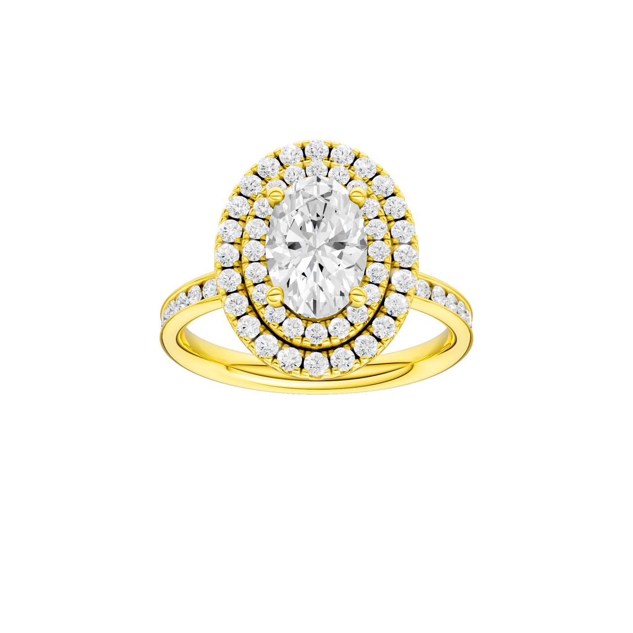 A front view of the Oval cut diamond engagement ring in 14k yellow gold with a diamond channel band and cathedral setting