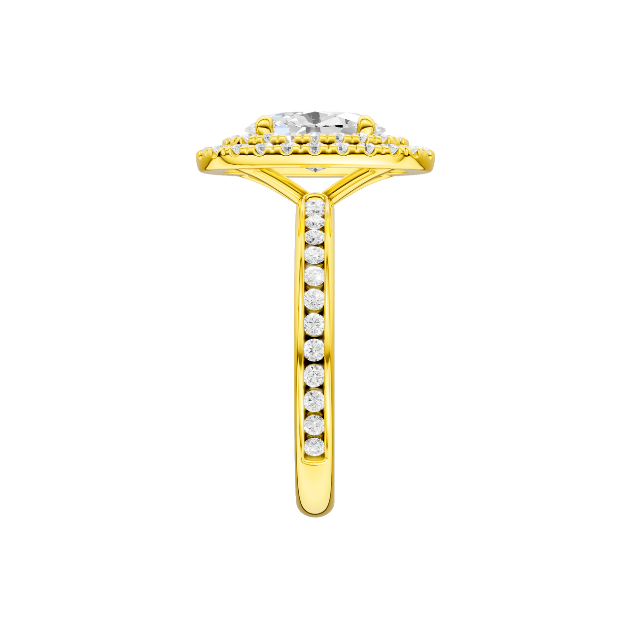 A side view of the Oval cut diamond engagement ring in 14k yellow gold with a diamond channel band and cathedral setting